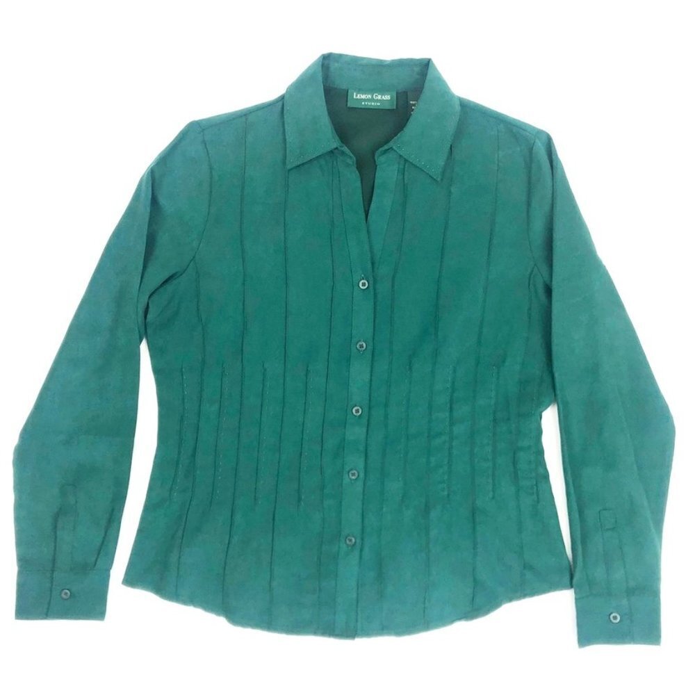Lemon Grass Studio Faux Suede Shirt Womens Size M Green Pintuck Button Down Top